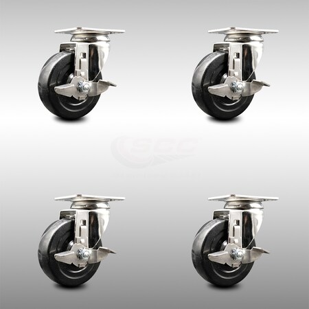 Service Caster 4 Inch 316SS Soft Rubber Wheel Swivel Top Plate Caster Set with Brake SCC SCC-SS31620S414-SRS-TLB-4